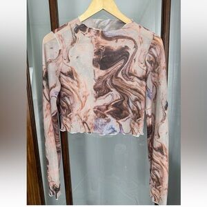 Womens XL Sheer Mesh Print Top Whimsigoth Y2K Long Sleeve High Neck Rave Tattoo